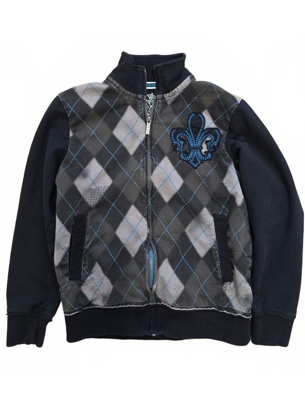 vintage Marc Ecko argyle full-zip blue gray black knit jacket size small Grunge